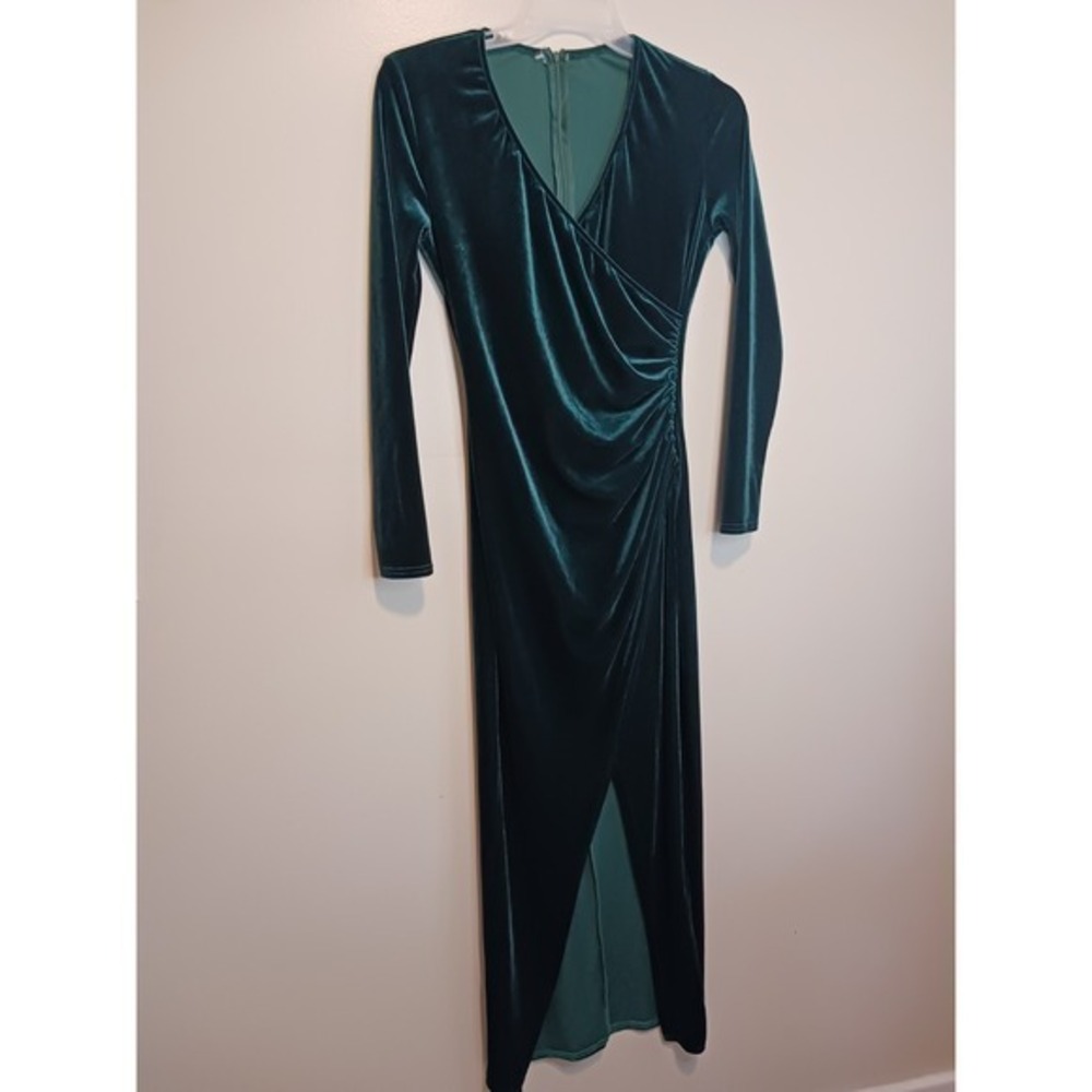 Dirass Womens Long Cocktail Ruched Bodycon Dress Dark Green Velvet Size M‎